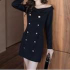 Long-sleeve Off-shoulder Embellished Mini Sheath Dress