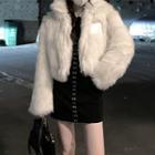 Contrast Trim Puff-sleeve Bodycon Dress / Fleece Stand-collar Long-sleeve Jacket