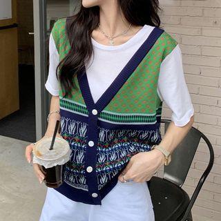 Elbow-sleeve Mock Two-piece T-shirt White & Green - One Size