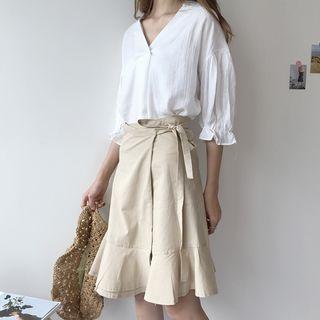 Elbow-sleeve Blouse / Midi Skirt