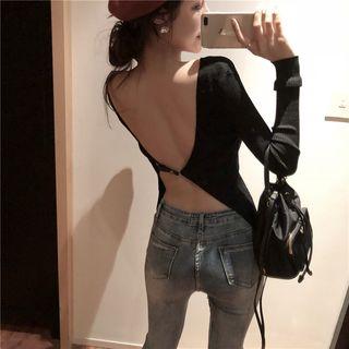 Plain Open-back Long-sleeve Slim-fit Knit Top As Figure - One Size