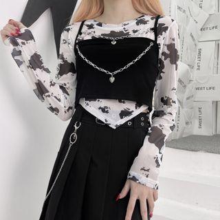 Long-sleeve Splatter Print Mesh Top / Chained Camisole Top