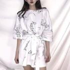 Elbow-sleeve Lettering Tie-waist A-line Dress