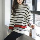 Mock-neck Drop-shoulder Stripe Sweater
