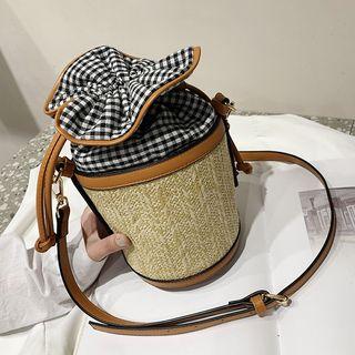 Woven Checker Paneled Bucket Bag