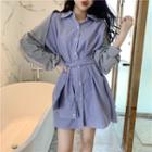 Mock Two-piece Striped Long-sleeve Mini Shirtdress As Shown In Figure - One Size