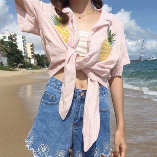 Pineapple Embroidered Tie-hem Short-sleeve Shirt