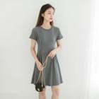 Waist Round-neck Short-sleeve Dress Gray - One Size