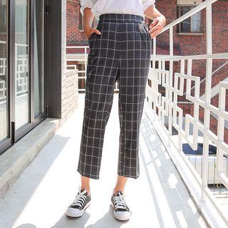 Band-waist Plaid Straight-cut Pants