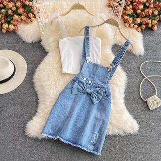 Set: Tie-shoulder Camisole Top + Bow Denim Mini Overall Dress