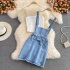 Set: Tie-shoulder Camisole Top + Bow Denim Mini Overall Dress