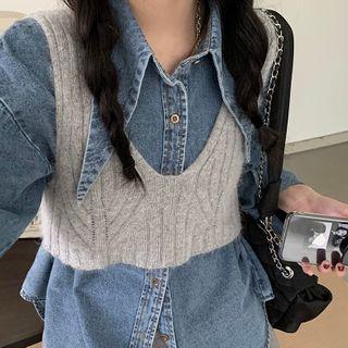 Pocket Detail Denim Shirt / Cropped Sweater Vest