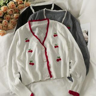 Cherry-print Wave-edge V-neck Cardigan