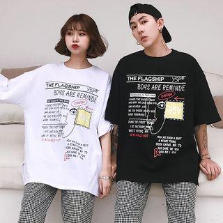 Couple Matching Elbow-sleeve Print T-shirt / Plaid Pants / Set