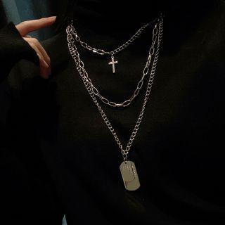 Tag & Cross Pendant Layered Necklace