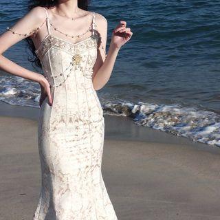 Spaghetti-strap Beaded Midi Mermaid Dress