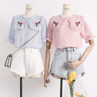 Ruffled-trim Embroidered Plaid Blouse