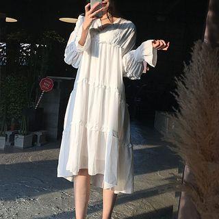 Long-sleeve Frill-trim Midi Chiffon Dress White - One Size