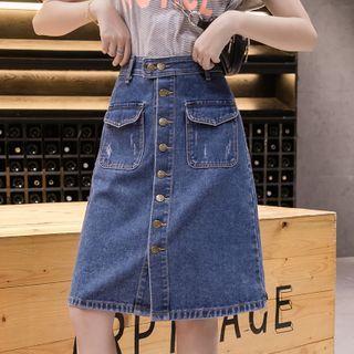 Plus Size High Waist Single-breasted A-line Denim Midi Skirt