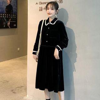 Long-sleeve A-line Midi Velvet Shirtdress