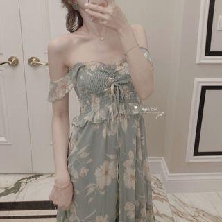 Off-shoulder Floral Print Drawstring A-line Dress / Ruffled Jacket