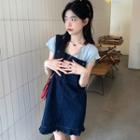 Short-sleeve Plain T-shirt / One-shoulder Ruffle Trim Denim Dress