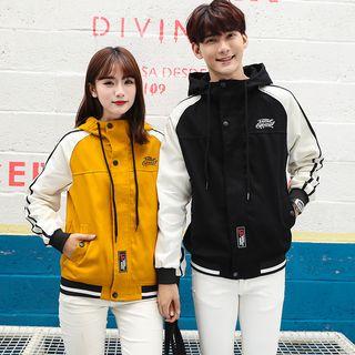 Contrast-color Hooded Couple Matching Zip Jacket
