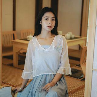 Embroidered Elbow-sleeve Chiffon Top White - One Size