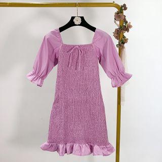 Short-sleeve Smocked Ruffled Sheath Dress