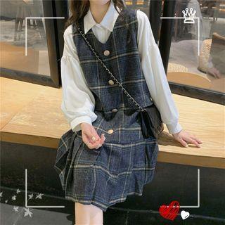 Plaid Pinafore Dress / Plain Blouse