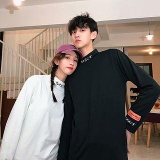 Letter Embroidered Mock Turtleneck Long-sleeve T-shirt