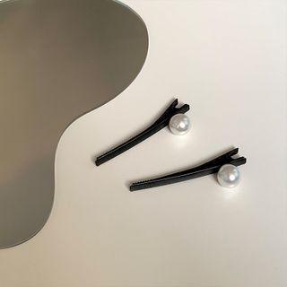 Set Of 2: Faux Pearl Hair Clip Set Of 2 - Black & White - One Size