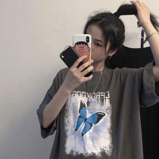 Butterfly Print Elbow-sleeve T-shirt Dark Gray - One Size
