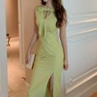 Sleeveless Ribbon-neck Sheath Dress