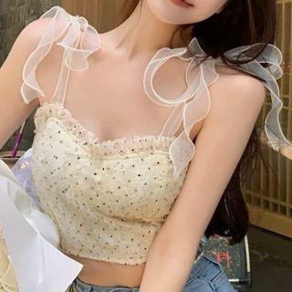 Mesh Ribbon Crop Camisole Top Almond - One Size