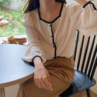 Contrast Trim Square-neck Blouse Milky White - One Size
