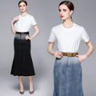 Set: Short-sleeve Plain T-shirt + Denim Midi Skirt