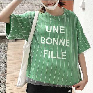 Elbow-sleeve Sheer Panel Lettering T-shirt