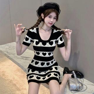 Short Sleeve Scoopneck Striped Heart Pattern Knit Mini Dress As Shown In Figure - One Size