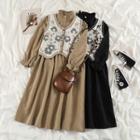 Long-sleeve Midi A-line Dress / Floral Sweater Vest