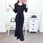 Ruffle Drawstring Long-sleeve Midi T-shirt Dress