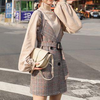 Turtleneck Knit Top / Plaid Mini Pinafore Dress