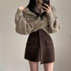 V-neck Plain Sweater / High-waist Mini A-line Skirt