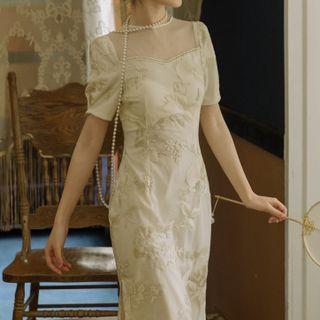 Short-sleeve Embroidered Mesh Midi Sheath Dress
