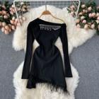 Fringed Trim Mini Bodycon Dress Black - One Size