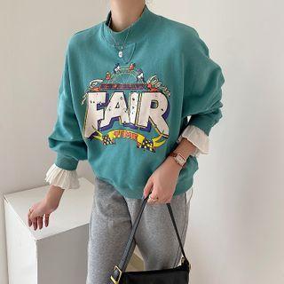 Mock-neck Lettering Lettuce Edge Sweatshirt Green - One Size