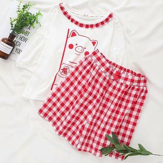 Short-sleeve Pig Print T-shirt / Plaid Shorts / Set