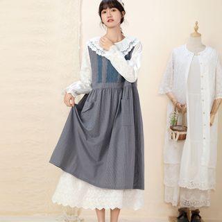 Plaid Lace Trim Midi Overall Dress