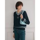 Contrast-trim Cable-knit Sweater Navy Blue - One Size
