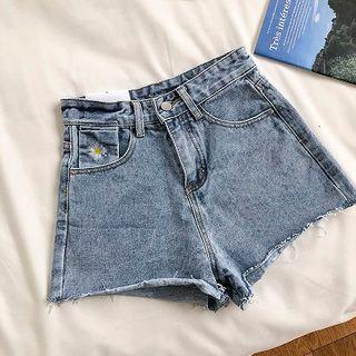 Plain High-waist Frayed Wide-leg Denim Shorts